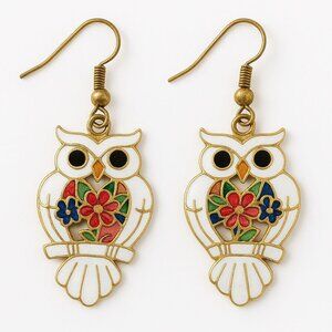 Vintage Stefano Cloisonné Enamel Owl Dangle Earrings Colorful Florals, Gold